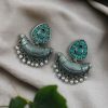 Vintage oxidised silver chandbali earrings with stone and pearl detailing