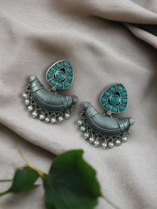 Adorable Look Silver Replica Oxidised Chandbali Earrings with Stone & Pearl Detailing - color: "Mint"