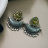 Vintage oxidised silver chandbali earrings with stone and pearl detailing