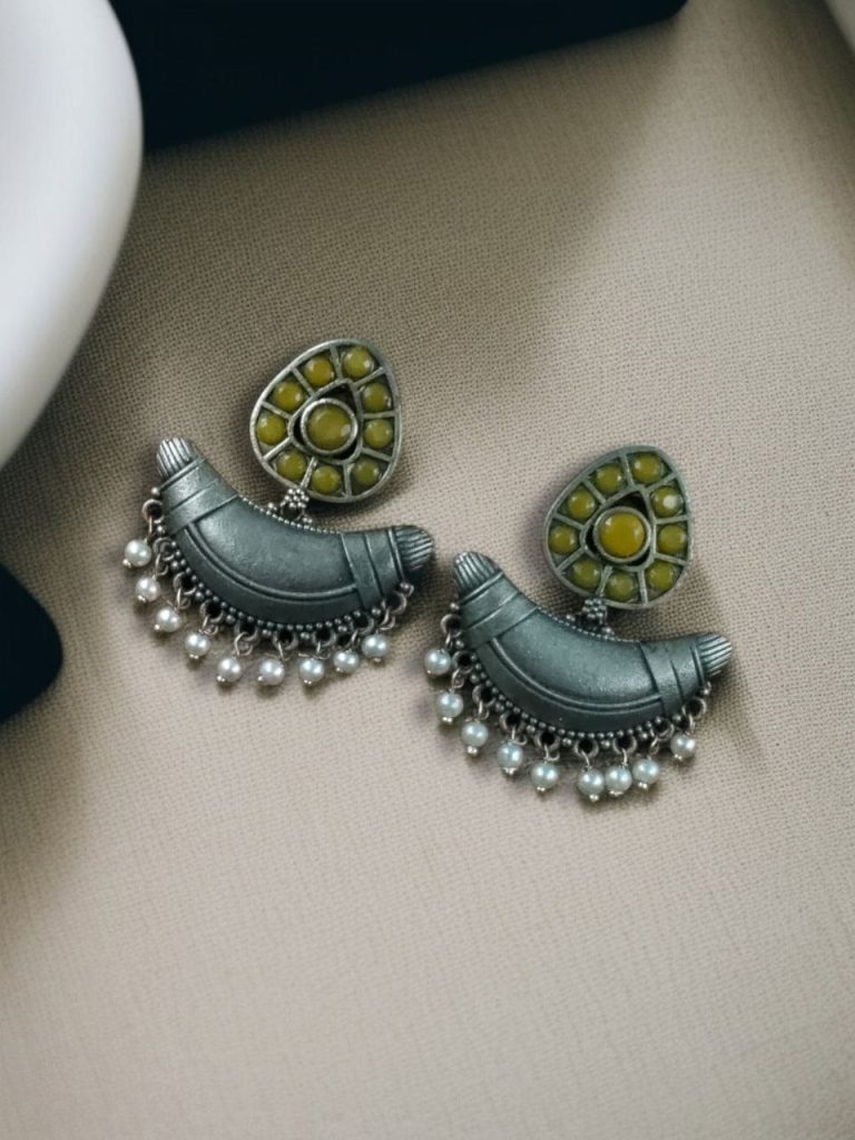 Bulk 988 Adorable Look Silver Replica Oxidised Chandbali Earrings with Stone & Pearl Detailing - "Yellow"