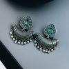 Vintage oxidised silver chandbali earrings with stone and pearl detailing