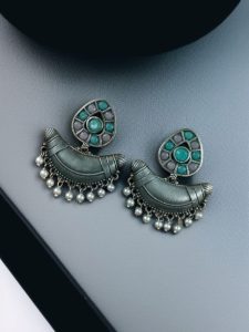 Adorable Look Silver Replica Oxidised Chandbali Earrings with Stone & Pearl Detailing - color: "Baby Pink-Mint"