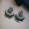 Vintage oxidised silver chandbali earrings with stone and pearl detailing