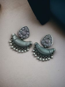Adorable Look Silver Replica Oxidised Chandbali Earrings with Stone & Pearl Detailing - color: "Baby Pink"