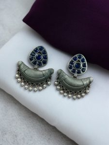 Adorable Look Silver Replica Oxidised Chandbali Earrings with Stone & Pearl Detailing - color: "Blue"