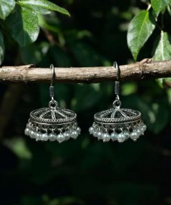 German Silver Hook Jhumki Earrings with Pearl Drops