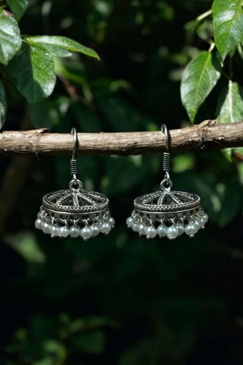 German Silver Hook Jhumki Earrings with Pearl Drops