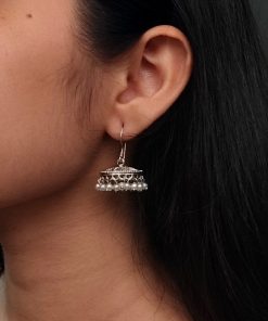 German Silver Hook Jhumki Earrings with Pearl Drops