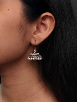 German Silver Hook Jhumki Earrings with Pearl Drops