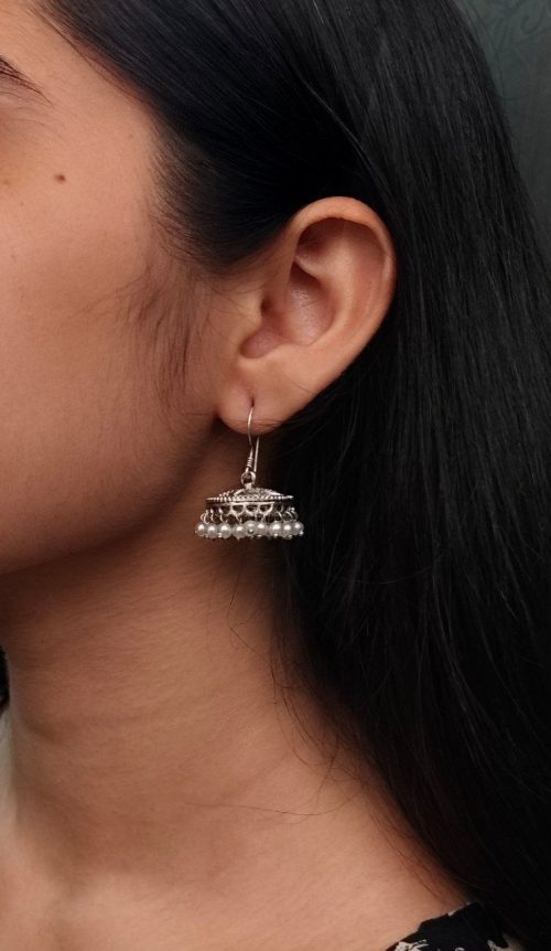 German Silver Hook Jhumki Earrings with Pearl Drops