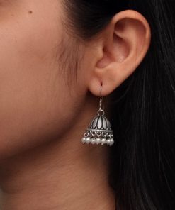 german silver jhumki earrings with pearl dangler design