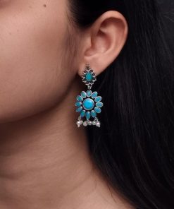 oxidized silver plated flower dangler earrings with stone and pearl detailing