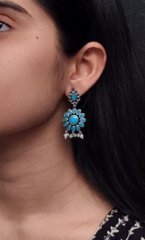 oxidized silver plated flower dangler earrings with stone and pearl detailing