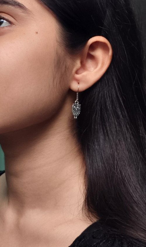 Silver plated ethnic owl hook earrings for daily wear