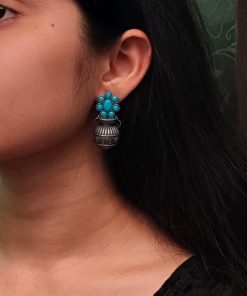 Silver Replica Kalash Earrings with floral and stone design