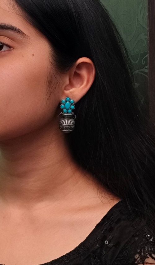 Silver Replica Kalash Earrings with floral and stone design