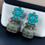 Silver Replica Unique Kalash Earrings – Oxidised Flower & Stone Work Design - "Aqua"