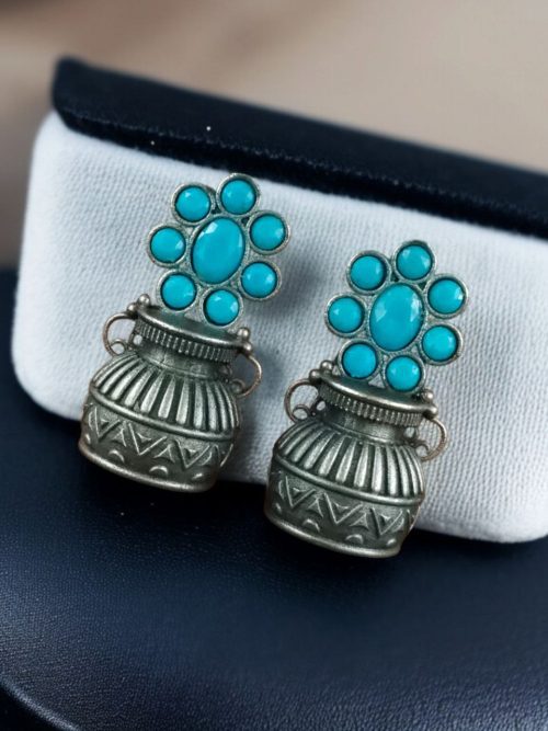 Silver Replica Kalash Earrings with floral and stone design