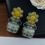 Silver Replica Unique Kalash Earrings – Oxidised Flower & Stone Work Design - "Yellow"