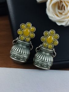 Silver Replica Unique Kalash Earrings – Oxidised Flower & Stone Work Design - color: "Yellow"
