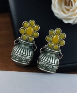 Silver Replica Kalash Earrings with floral and stone design