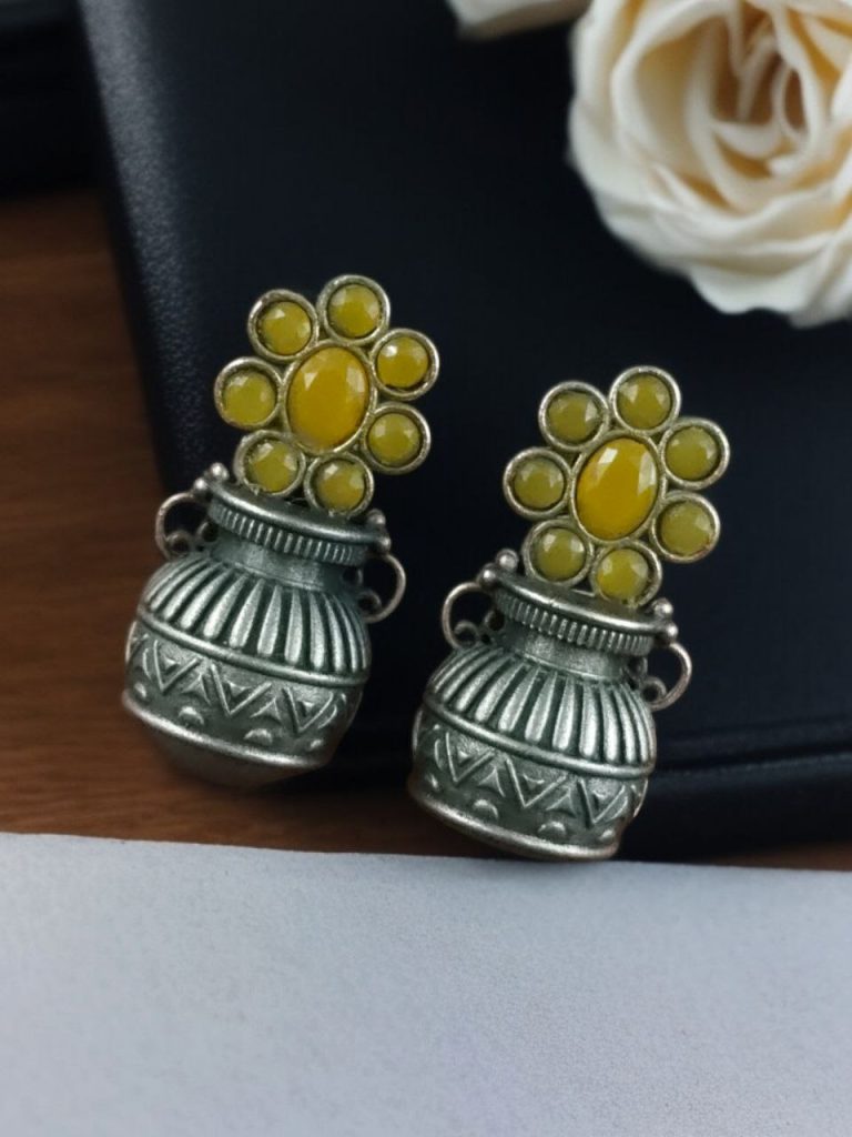 Bulk 938 Silver Replica Unique Kalash Earrings – Oxidised Flower & Stone Work Design - "Yellow"