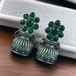 Silver Replica Unique Kalash Earrings – Oxidised Flower & Stone Work Design - "Green"