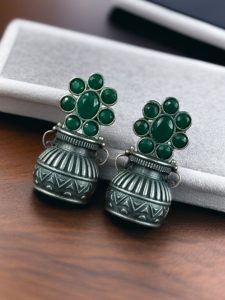 Silver Replica Unique Kalash Earrings – Oxidised Flower & Stone Work Design - color: "Green"