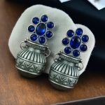 Silver Replica Unique Kalash Earrings – Oxidised Flower & Stone Work Design - "Blue"