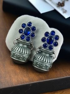 Silver Replica Unique Kalash Earrings – Oxidised Flower & Stone Work Design - color: "Blue"