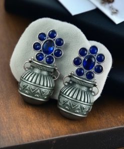 Silver Replica Kalash Earrings with floral and stone design