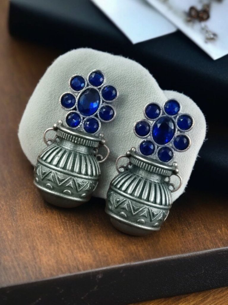 Bulk 942 Silver Replica Unique Kalash Earrings – Oxidised Flower & Stone Work Design - "Blue"