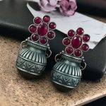 Silver Replica Unique Kalash Earrings – Oxidised Flower & Stone Work Design - "Red"