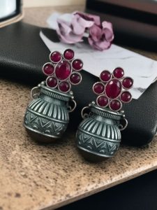 Silver Replica Unique Kalash Earrings – Oxidised Flower & Stone Work Design - color: "Red"