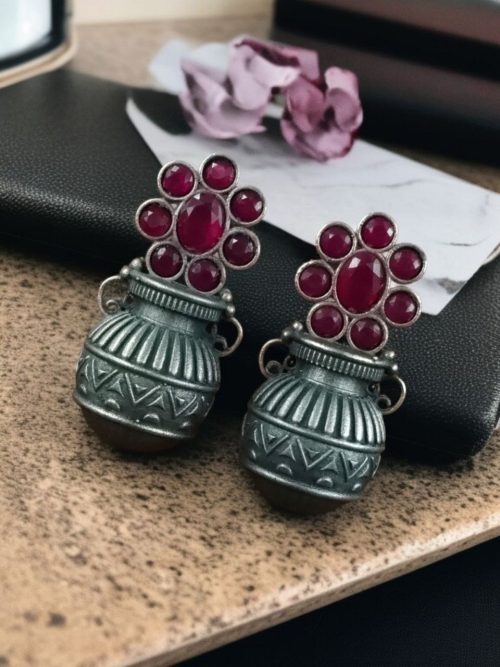 Silver Replica Kalash Earrings with floral and stone design