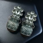 Silver Replica Unique Kalash Earrings – Oxidised Flower & Stone Work Design - "White"