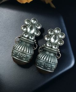 Silver Replica Kalash Earrings with floral and stone design