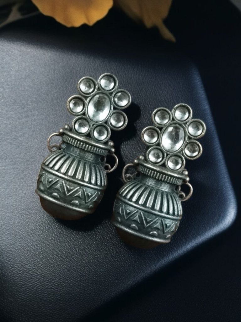 Bulk 940 Silver Replica Unique Kalash Earrings – Oxidised Flower & Stone Work Design - "White"
