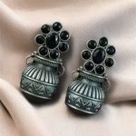 Silver Replica Unique Kalash Earrings – Oxidised Flower & Stone Work Design - "Black"