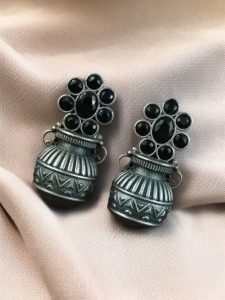 Silver Replica Unique Kalash Earrings – Oxidised Flower & Stone Work Design - color: "Black"