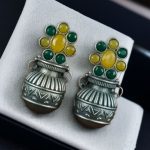 Silver Replica Unique Kalash Earrings – Oxidised Flower & Stone Work Design - "Green-Yellow"
