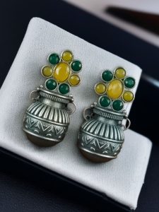 Silver Replica Unique Kalash Earrings – Oxidised Flower & Stone Work Design - color: "Green-Yellow"