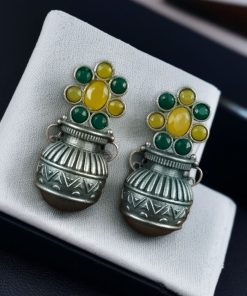 Silver Replica Kalash Earrings with floral and stone design