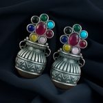 Silver Replica Unique Kalash Earrings – Oxidised Flower & Stone Work Design - "Multi"