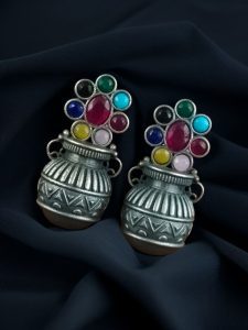 Silver Replica Unique Kalash Earrings – Oxidised Flower & Stone Work Design - color: "Multi"