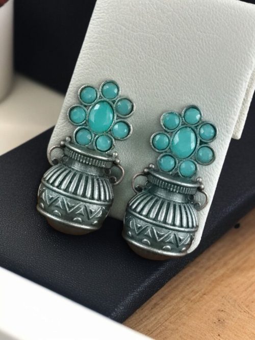 Silver Replica Kalash Earrings with floral and stone design