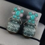 Silver Replica Unique Kalash Earrings – Oxidised Flower & Stone Work Design - "Baby Pink-Mint"