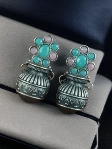 Silver Replica Unique Kalash Earrings – Oxidised Flower & Stone Work Design - color: "Baby Pink-Mint"