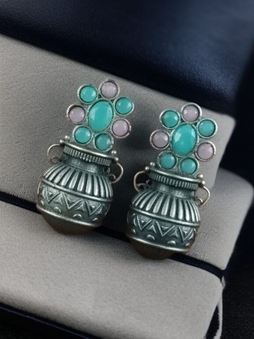 Silver Replica Kalash Earrings with floral and stone design