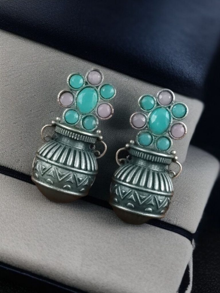 Bulk 946 Silver Replica Unique Kalash Earrings – Oxidised Flower & Stone Work Design - "Baby Pink-Mint"